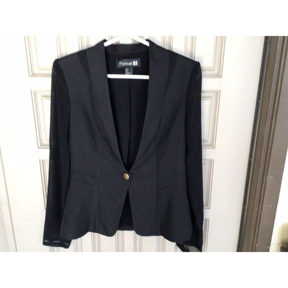 Forever 21 Jacket SzS Black Button Sheer Sleeves Long V Neck Pre-Owned - Picture 6 of 10